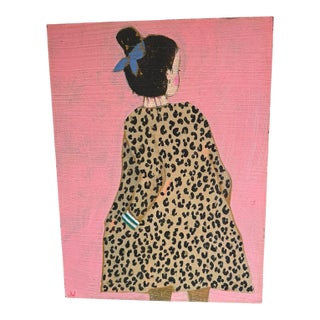 1970s Original Contemporary Folk Art Painting of Girl in Leopard Print Dress on Pink Background For Sale