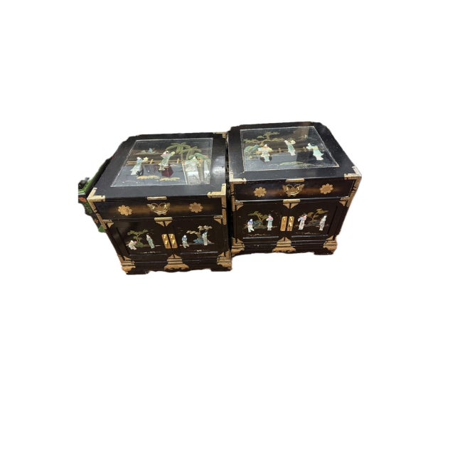 Pair of Black Lacquered Chinese Cabinets With Mother-of-Pearl Inlay For Sale - Image 4 of 5