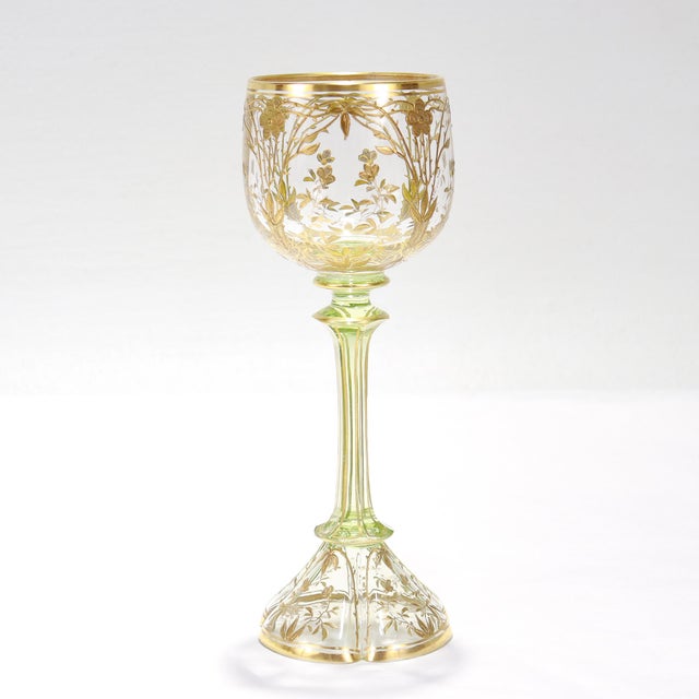1900 Set of 6 Gilt German or Bohemian Art Nouveau Clear & Green Glass Wine Goblets For Sale - Image 10 of 18
