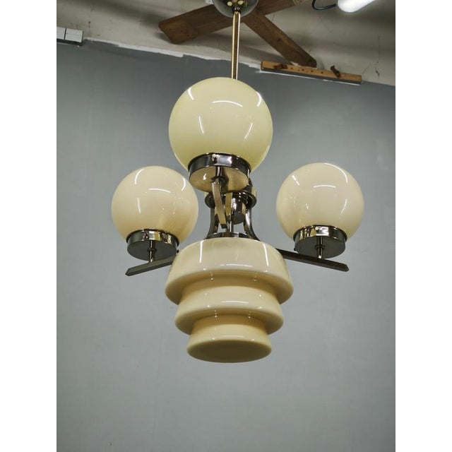 Art Deco Cream Glass and Chrome Chandelier, Czechoslovakia, 1930s For Sale - Image 3 of 12