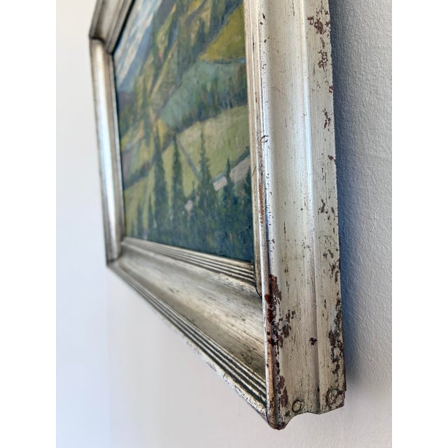 This original vintage oil painting, dated 1971, shows a peaceful countryside landscape with rolling green fields, tall...