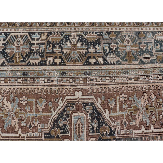 Tan Persian Antique Heriz Rug With Geometric Design in Blue's, Tan, Cream, and Brown 11'5 X 14'7 For Sale - Image 8 of 17