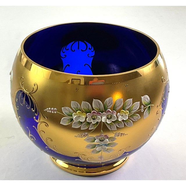 Early 20th Century Bohemian-Hand Blown and Cut, Cobalt Blue, 24 Karat Gold Encrusted Punch Bowl Set- With Enameled Three Dimensional Flowers - 15pcs For Sale - Image 11 of 11