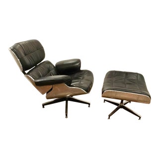 Mid-Century Modern in the Style of Charles Eames Barca Black Leather Lounge Chair and Ottoman By: Regina Andrew For Sale