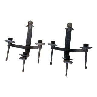 Brutalist Wall Sconces in Wrought Iron, 1890s, Set of 2 For Sale