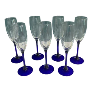 Vintage Cobalt Blue Stemmed Champagne Flutes- Set of 7