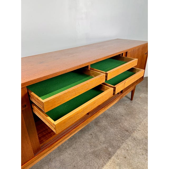 Wood Mid Century Danish Modern Long Low Long Teak 4 Door Credenza by Kofod Larsen, Attributed For Sale - Image 7 of 11