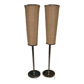 Reduced Gabriella Crespi Style Italian Floor Lamps Wicker Shades and Chrome - a Pair For Sale