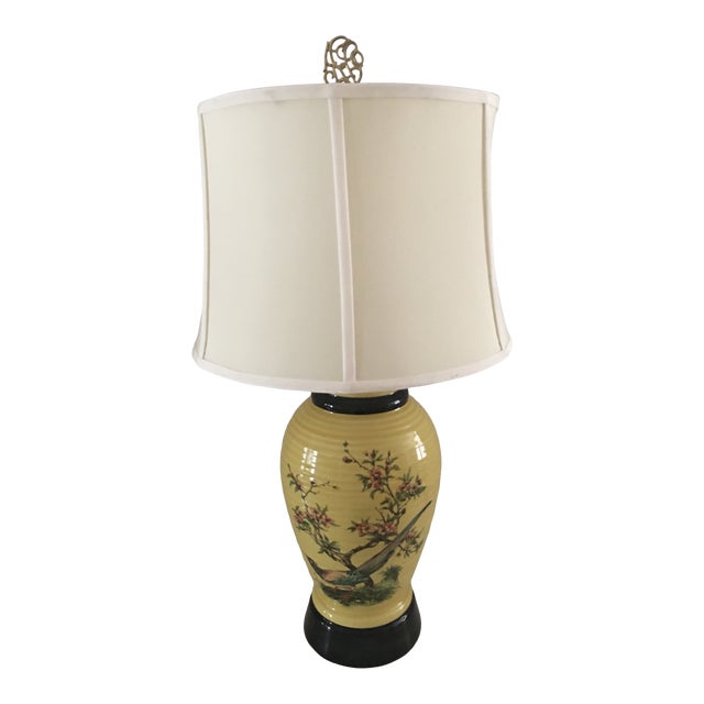 Vintage Yellow Cherry Blossom Pheasant Table Lamp For Sale