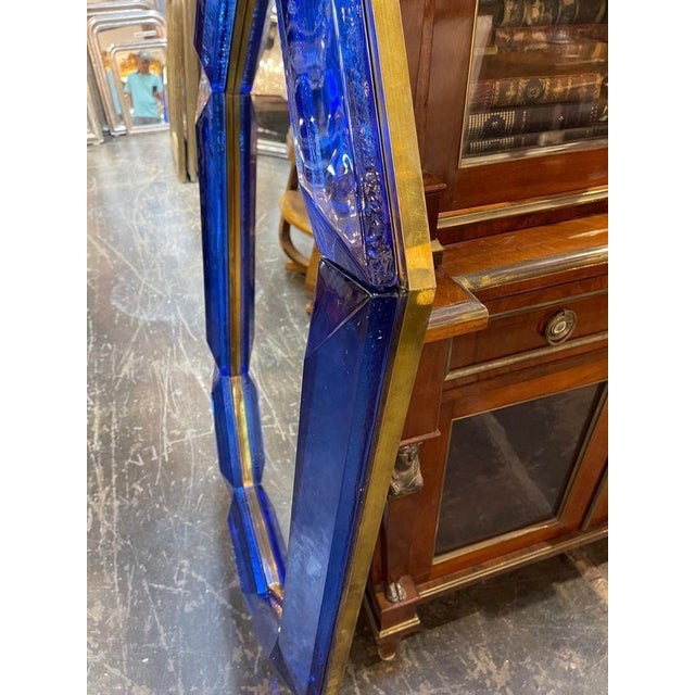 Large Scale Blue Murano Glass and Brass Mirror For Sale - Image 4 of 7