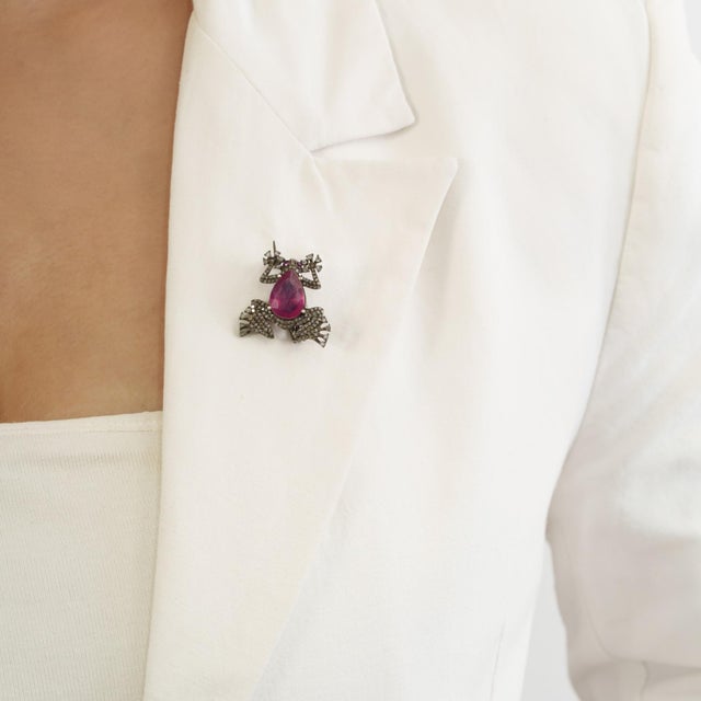 1890s Revival Inspired Silver & 3Ct Natural Ruby Diamond Pavé Frog Brooch Pendant For Sale - Image 10 of 14