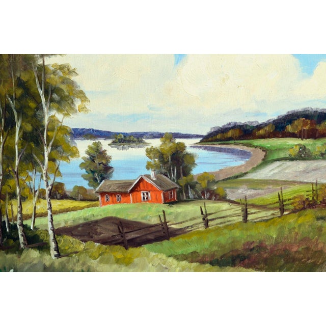 American Mid Century River & Farm Landscape in Oil on Canvas Stretched Over Board by J. Anderson For Sale - Image 3 of 7