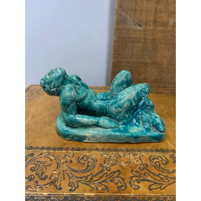 Teal Pair of Signed 1932 Ceramic Glazed Faun Sculptures For Sale - Image 8 of 12