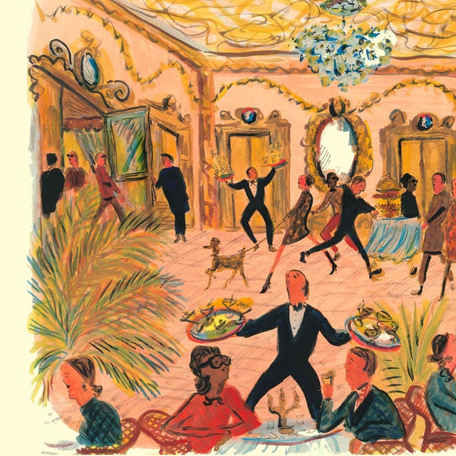 A busy lobby filled with late lunchers and strolling guests. This is a high quality archival reproduction print on...