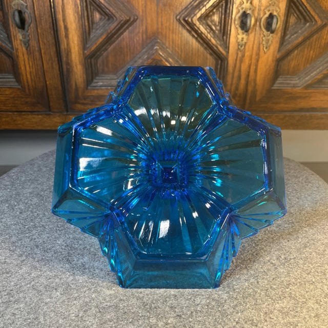 Blue Mid 20th Century Art Deco Blue Indiana Tiara Glass Divided Dish Pyramid Handle For Sale - Image 8 of 10