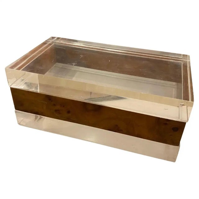 An high quality plexiglass and walnut root jewelry box designed and manufactured in Italy in the Eighties in the manner of...