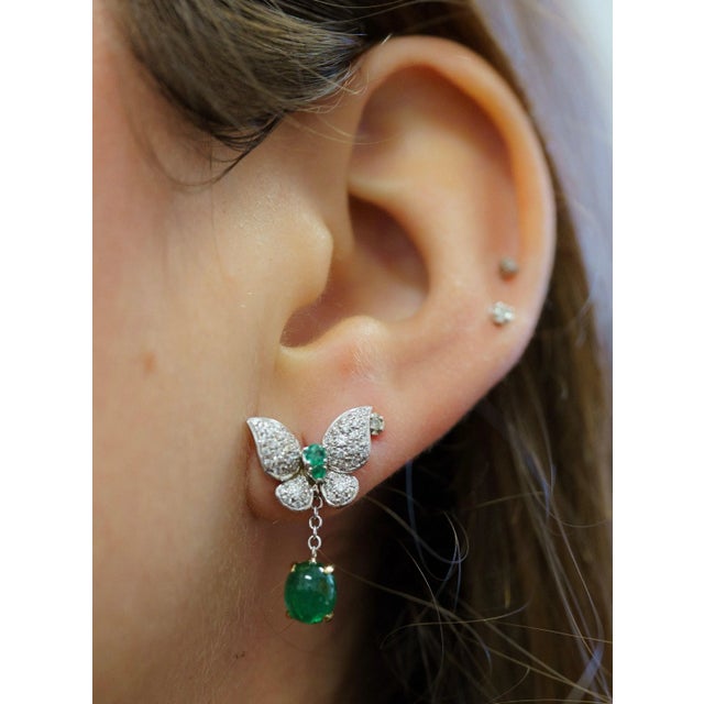 2010s 2.5 Carat Cabochon Cut Emerald and Diamond Butterfly Drop Earrings in 18K White For Sale - Image 5 of 8