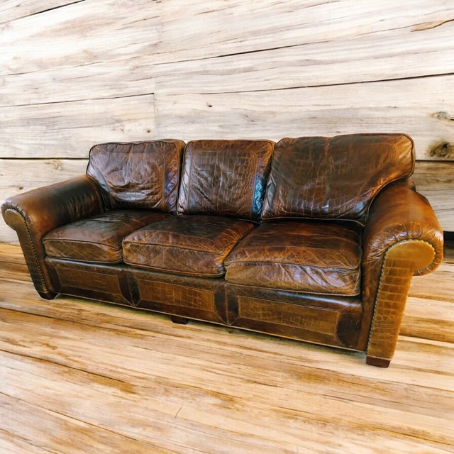 Vintage Vanguard Furniture Alligator Print Down Filled Full Grain Leather Sofa For Sale - Image 10 of 11