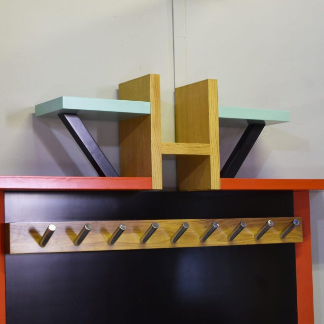 1980s Postmodern Italian Wall Coat Rack in Polychrome Lacquered Wood from Ettore Sottsass, 1988 For Sale - Image 5 of 10