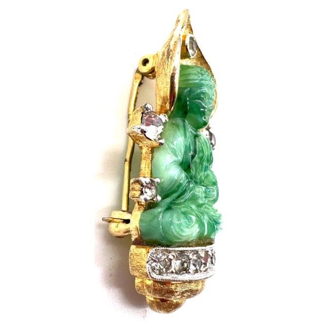 Metal Faux Jade Buddha Pin With Rhinestones, Style of Cartier Travel Jewelry, 1950s For Sale - Image 7 of 18