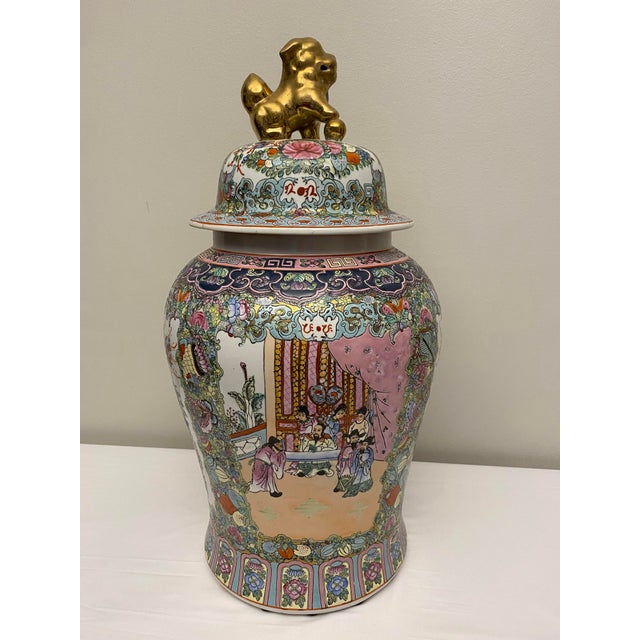 Ceramic Large Hand-Painted Famille Rose Chinese Temple Jar With Lid For Sale - Image 7 of 9