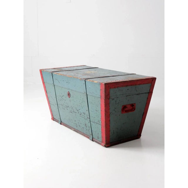 Farmhouse Antique Blue Hand-Painted Wood Trunk For Sale - Image 3 of 13