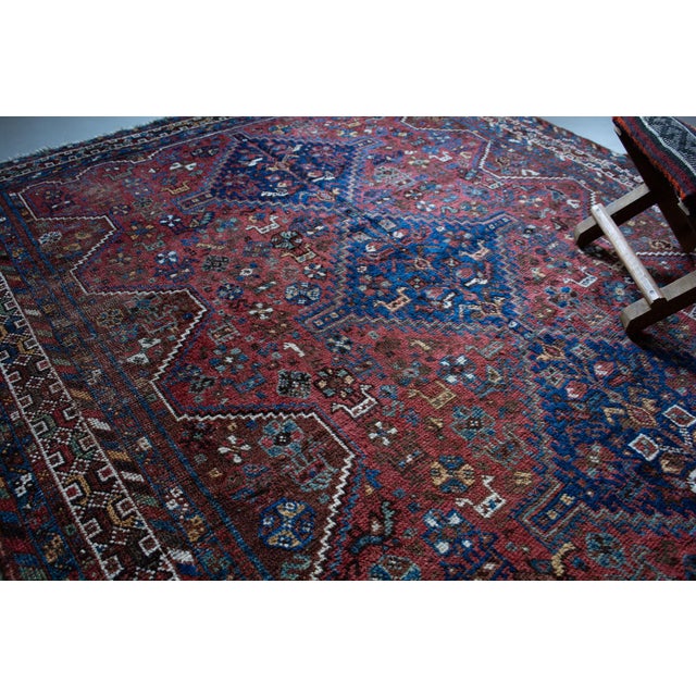 Tribal Early 1900s Antique Botanical Figural Tribal Medallion Brick Red Blue Almost Square Rug - 5’10” X 6’10” For Sale - Image 3 of 11