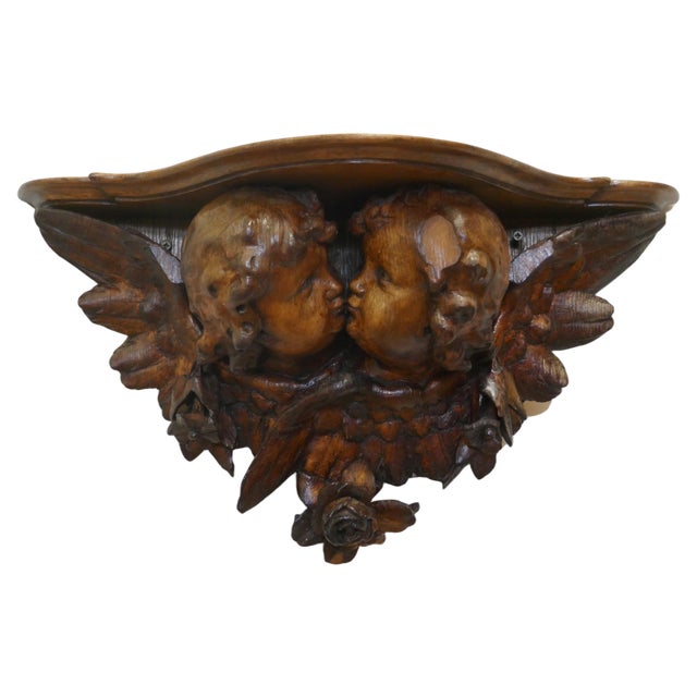 Antique Carved Wood Cherub Wall Bracket, 1850 For Sale