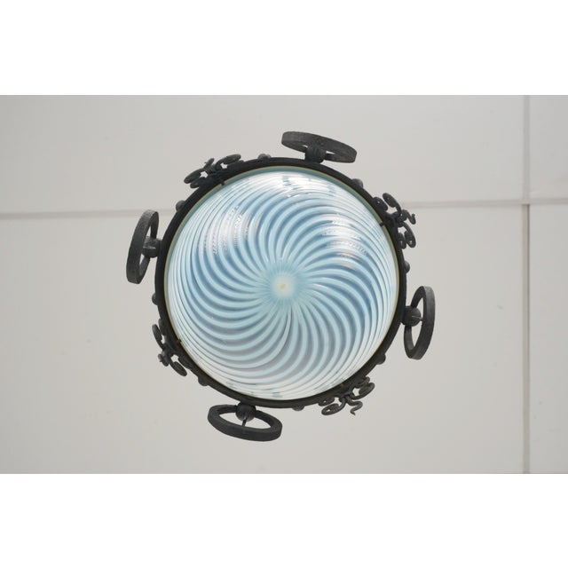 Metal Mid 20th Century Restored Spanish Revival Wrought Iron Opalescent Glass Pendant Light For Sale - Image 7 of 12