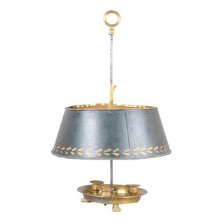 Brass Bouillotte Candle Lamp with Green Tole Shade and Paw Feet, 1950s For Sale