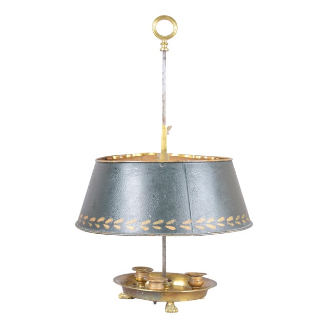 Brass Bouillotte Candle Lamp with Green Tole Shade and Paw Feet, 1950s For Sale