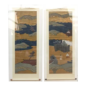 Set of 2, Tall Antique Japanese Nature Scroll Paintings