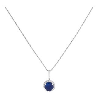 10K White Gold Blue Sapphire and 1/10 Cttw Diamond Accent Halo Pendant Necklace For Sale