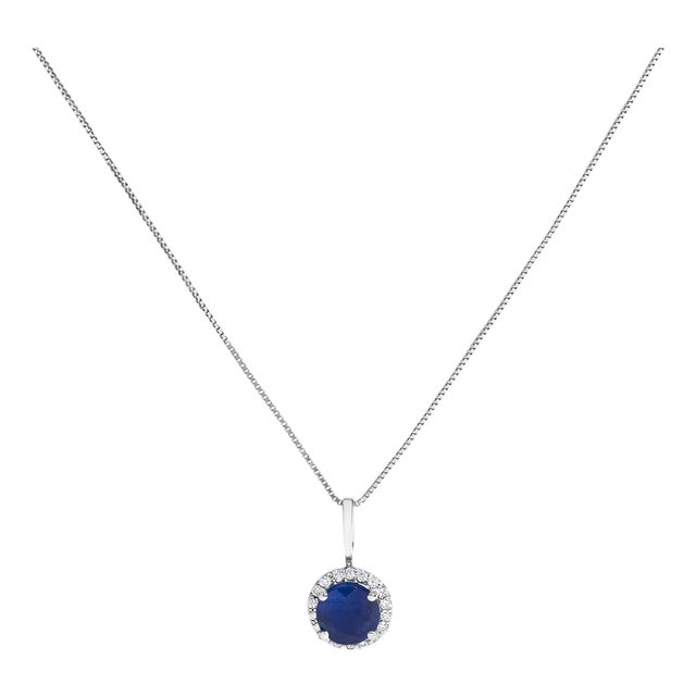 10K White Gold Blue Sapphire and 1/10 Cttw Diamond Accent Halo Pendant Necklace For Sale