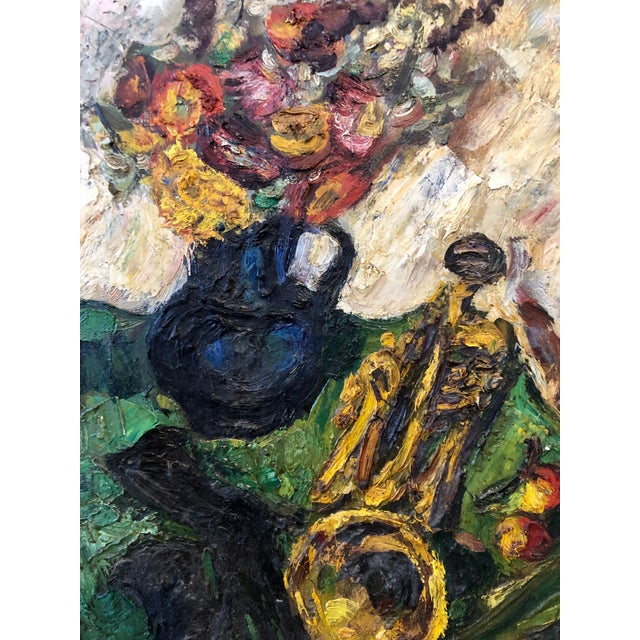 Herbert Katzman, 1950's Expressionist Interior Oil Painting Still Life with Flowers and Trumpet, 1946 For Sale - Image 4 of 10