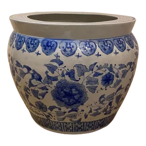 Vintage Chinese Ceramic Blue & White Fish Bowl Planter Floral Pot
