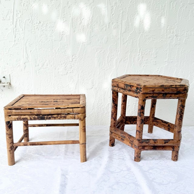 Boho Chic Burnt Tortoise Shell Finished Bamboo Accent Tables - Set of 2 For Sale - Image 3 of 9