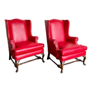 Traditional Red Faux Leather Wingback Chairs - a Pair For Sale