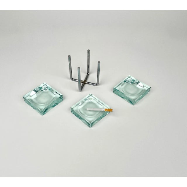 Aqua Ashtrays in Glass & Steel with Stand by Gallotti & Radice, Italy, 1970s, Set of 4 For Sale - Image 8 of 12