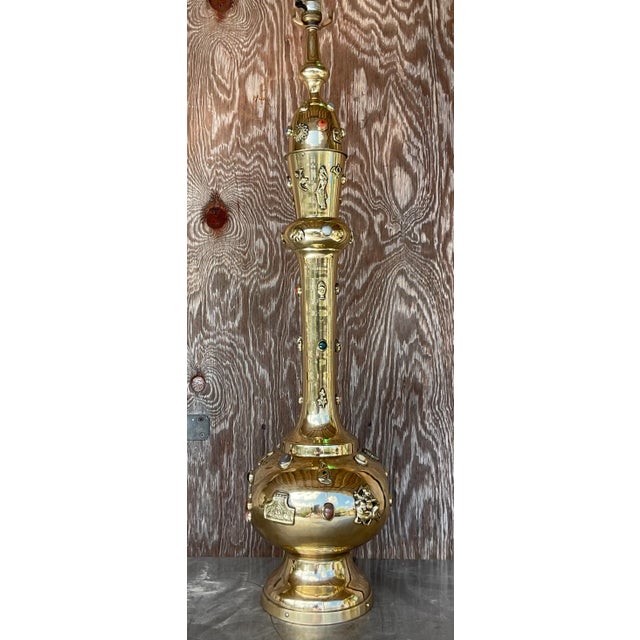 Boho Chic Vintage Boho Bejeweled Brass Table Lamp For Sale - Image 3 of 12