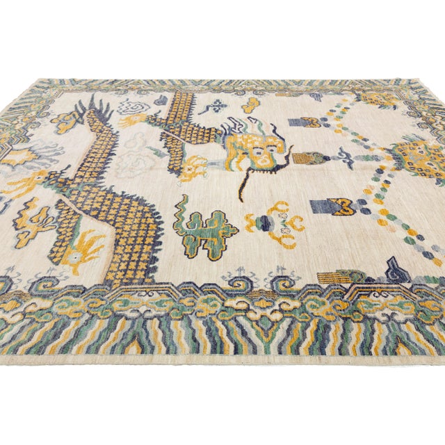2020s 9x12 Hand-Knotted Modern Chinoiserie Wool Rug – Dragon & Cloud Motif in Cream For Sale - Image 5 of 11