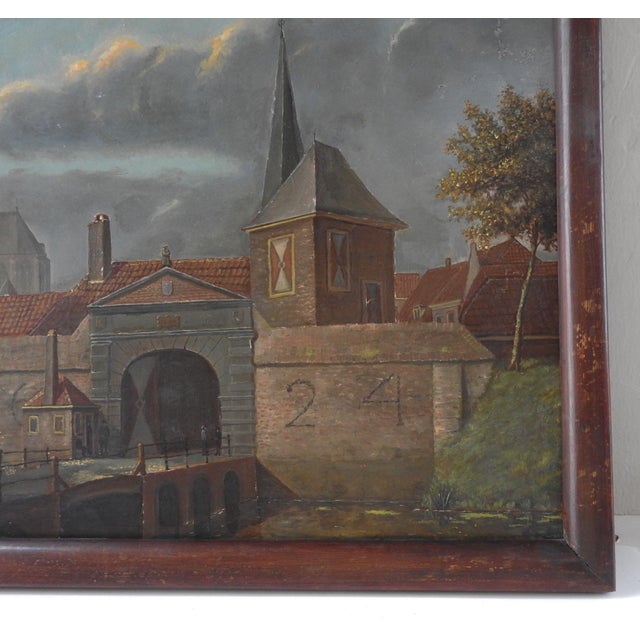 Early 20th Century Early 20th Century Continental Village Bridge Scene Painting For Sale - Image 5 of 5