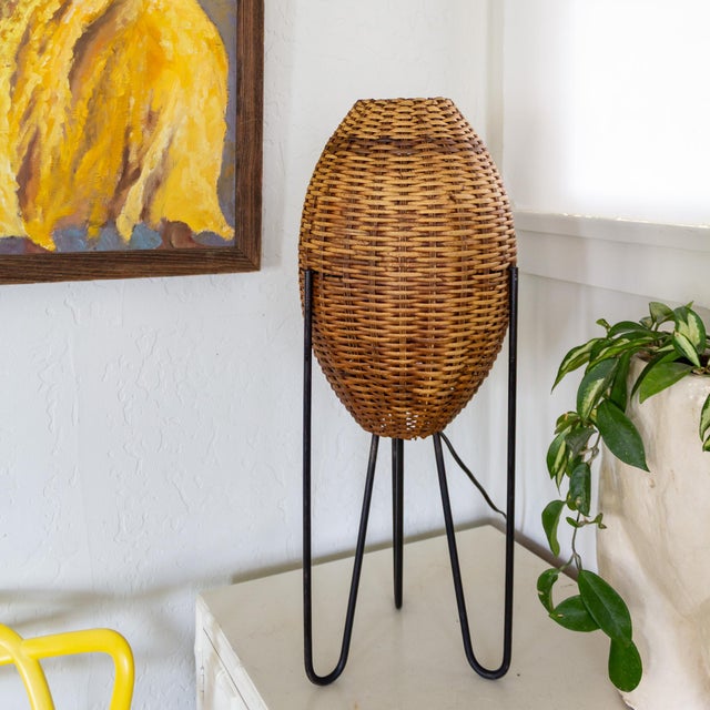 Paul Mayen Rattan Wicker Beehive Lamp on Hairpin Legs 1965 For Sale - Image 12 of 16