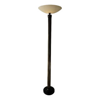 Brass Floor Lamp with Glass Uplighter from Lumiere, France, 1980s For Sale