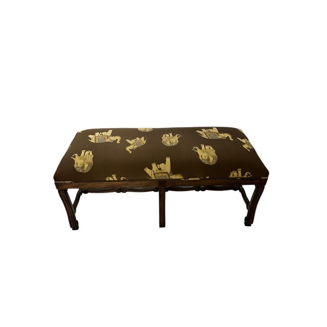Mid 20th Century Silk Embroidered Elephant Print and Wood Frame Bench For Sale - Image 4 of 11