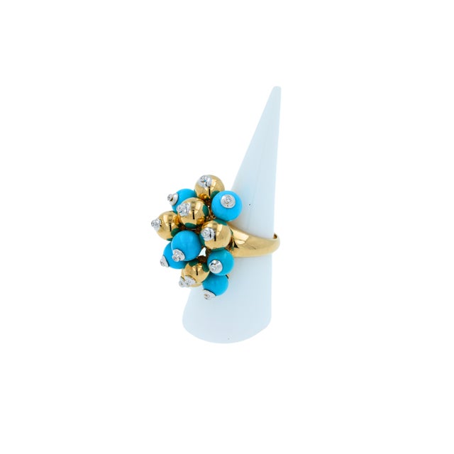 Blue Turquoise Diamonds Golden Spheres Balls Christmas Bells Motif 18k Gold Ring, Size 6 For Sale - Image 12 of 14