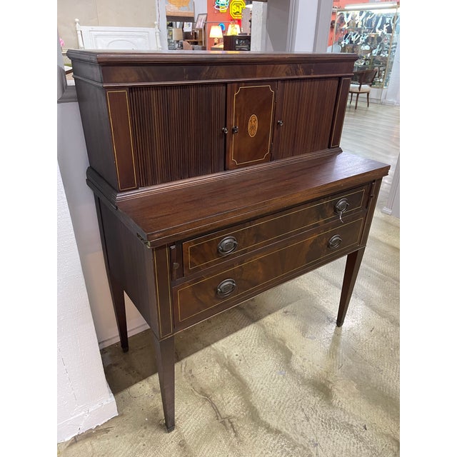 Mid 20th Century Vintage Inlaid Wood Secretary Desk With Fold-Out Panel For Sale - Image 5 of 6