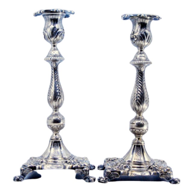 Silver Candlesticks with Stems Embossed with Palms, Set of 2 For Sale
