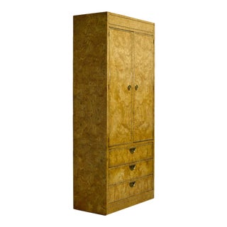 1970s Burled Amboyna Wood and Brass Trim Armoire by Mastercraft William Doezema For Sale