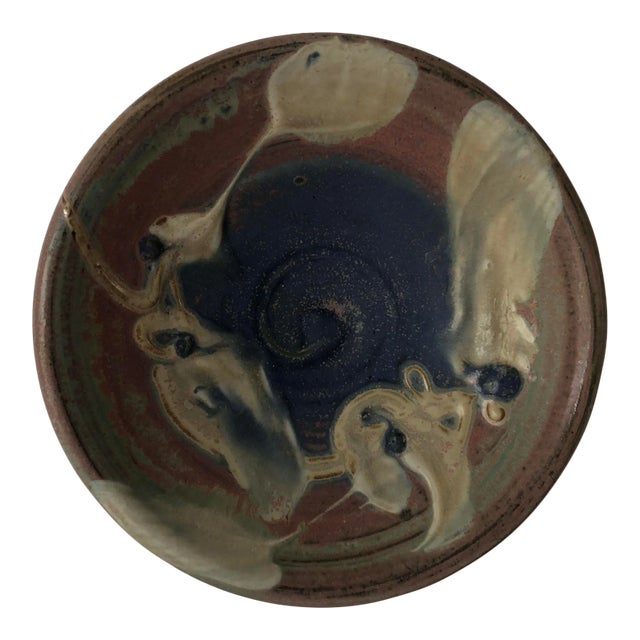 Modern Pottery 8”d Bowl Artist Signed Abstract Design For Sale